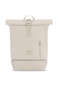 Beige színű, felhajtható tetejű hátizsák cipzáras oldalzsebbel, lapos aljjal, logó folttal és állítható pántokkal. Tartós, vízálló anyagból készült.