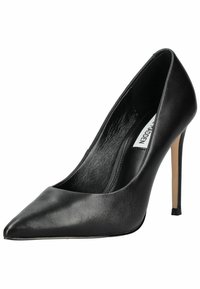 Pump nera in pelle con tacco alto, punta affusolata, design elegante, sottile tacco a stiletto e superficie liscia. L'interno presenta una fodera.
