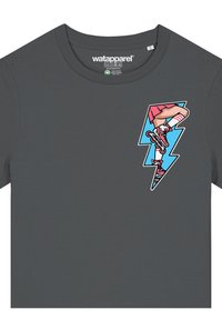 Graues Kurzarm-T-Shirt mit einem farbenfrohen Blitz-Graphic und einem Rollschuh-Design. Hergestellt aus weichem, atmungsaktivem Stoff.