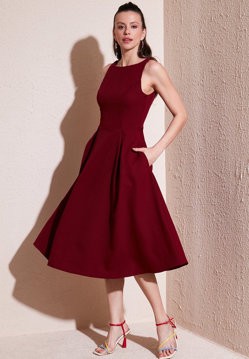 bordeaux cocktail dress Alina Cernatescu Draped Midi Cocktail Dress