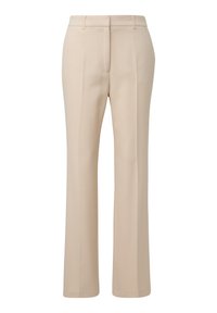 Pantalons beiges ajustés avec une coupe droite, devant plat et texture subtile. Comprend des passants de ceinture et des poches latérales pour plus de fonctionnalité.