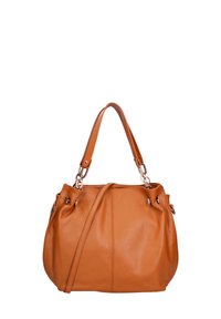 Handtas van lichtbruin leer met twee handvatten, een afneembare schouderriem en zilverkleurige hardware. Heeft een gladde textuur en een afgeronde vorm.