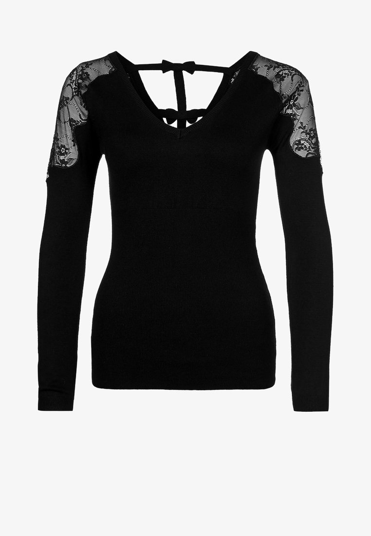 Černý svetr s dlouhým rukávem a výstřihem do V, s krajkovými detaily na ramenech a otevřeným zadním designem. Vyrobený z měkkého pleteného materiálu.