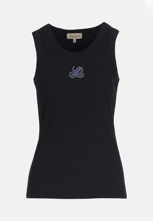 Fekete, ujjatlan, testhezálló trikó kerek nyakkivágással és a mellkason kis kék "LL" hímzett logóval.