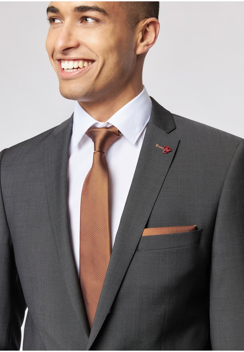 Grijze blazer met notch-lapels, witte overhemd en een bruin stippenstrikje. Bruine pochette en een kleine rode pinaccent op de revers.