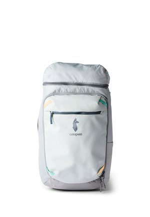 Light gray Cotopaxi backpack with front zip pocket, side mesh pockets, and logo of a llama's head on the front.