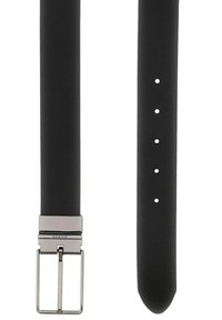 Cintura nera con texture e fibbia metallica argentata. Presenta sei fori di regolazione lungo la cinghia per la personalizzazione della misura.