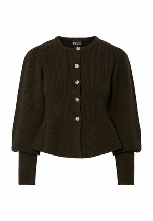 Cardigan côtelé marron foncé avec des manches longues, un col rond et cinq boutons décoratifs. Présente un design à taille peplum.