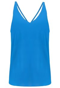 Haut féminin bleu vif sans manches avec encolure en V et double fines bretelles.