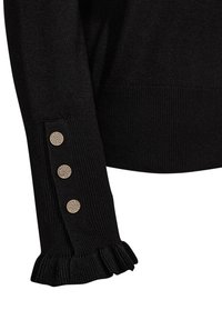 Black knitted sweater with a ruffled cuff, featuring three decorative gold buttons on the sleeve. Simple and textured design.