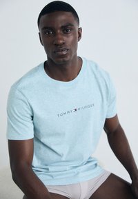 Šviesiai mėlynas medvilninis marškinėliai su apvaliu kaklu ir trumpomis rankovėmis, su atspausdintu "TOMMY HILFIGER" logotipu kontrastingomis spalvomis.