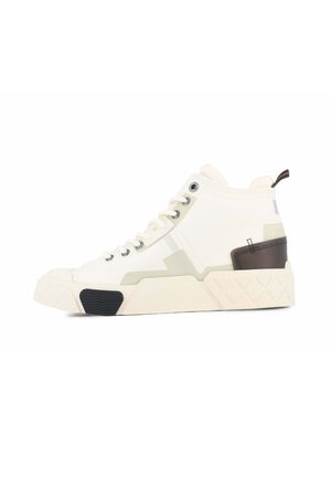 High-top white sneaker with beige accent panels, black rubber patch on sole, and brown heel detail with pull tab.