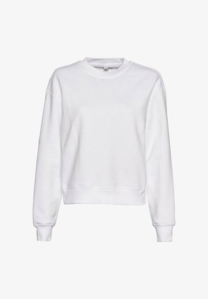 Biała bluza z okrągłym dekoltem, długimi rękawami i prążkowanymi mankietami. Charakteryzuje się luźnym krojem i miękkim, teksturowanym materiałem.