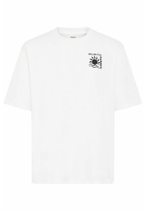 White cotton t-shirt with a relaxed fit, short sleeves, and a graphic print featuring a sun and waves, with "UNLIMITED SUMMER" text in black.