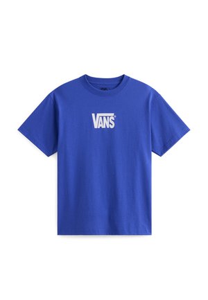 T-shirt in cotone blu con logo Vans bianco centrato sul petto. Maniche corte e scollo rotondo. Vestibilità regolare, tessuto liscio.