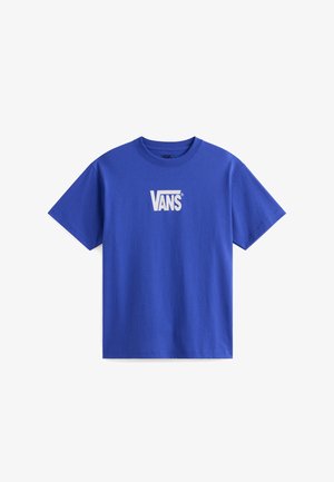 Camiseta de algodón azul con el logo blanco de Vans centrado en el pecho. Mangas cortas y cuello redondo. Corte regular, textura suave.