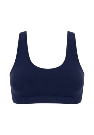 Marinblå ribbad bralette med breda axelremmar och rund halsringning. Tillverkad av stretchigt material för komfort. Inga synliga detaljer eller stängningar.