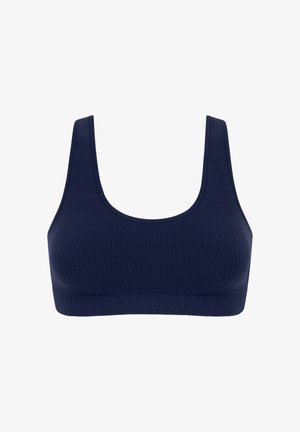 Bralette côtelé bleu marine avec larges bretelles et encolure arrondie. Fabriqué en tissu extensible pour plus de confort. Aucun matériel ou fermoir visible.