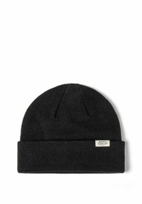 Bonnet en tricot noir avec une texture côtelée, un revers replié et une petite étiquette sur le côté avec le texte "MINOTI SURPLUS".