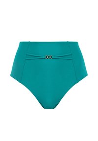 Bas de bikini taille haute teal avec deux fines lanières et un petit détail en trois anneaux dorés au centre avant.