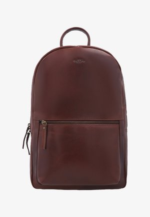 Brauner Leder-Rucksack mit oberem Griff, vorderer Reißverschlusstasche und glattem, abgerundetem Design.