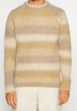 Knitted sweater in soft alpaca blend, featuring horizontal stripes in beige and cream tones, round neck, and ribbed cuffs.