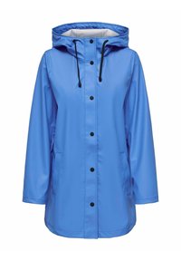 Blue waterproof jacket with a hood, featuring black accents, snap buttons, two side pockets, and a smooth, shiny texture.