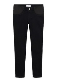 Jean slim noir avec panneaux élastiques à la taille, fermeture frontale par boutons et poches avant, présenté à plat sur fond blanc.