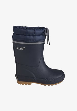 Botte en caoutchouc imperméable de couleur marine avec une finition texturée, un haut ajustable et une semelle extérieure brune avec des motifs de traction. Nom de la marque visible.