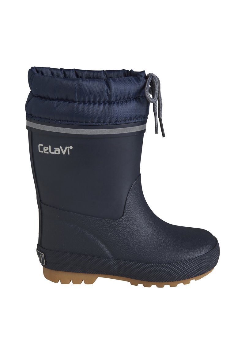 Botte en caoutchouc imperméable de couleur marine avec une finition texturée, un haut ajustable et une semelle extérieure brune avec des motifs de traction. Nom de la marque visible.