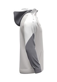 Felpa con cappuccio grigia chiara, con cappuccio e maniche in grigio scuro a contrasto. Presenta una zip, tasca frontale e tessuto testurizzato sulle spalle.