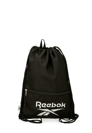 Bolsa de gimnasio negra de Reebok con cordón, bolsillo delantero con cremallera y logo blanco sobre un fondo blanco liso.