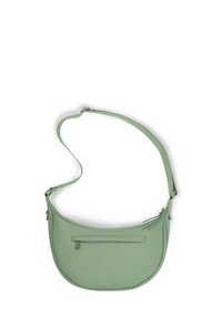 Borsa a spalla in nylon verde chiaro con forma curvata, dotata di un comparto principale con zip e una tasca frontale con zip aggiuntiva. Include una tracolla regolabile.