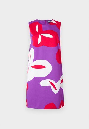 Abito senza maniche in tessuto viola con grandi motivi floreali rossi e bianchi. Design semplice e lineare con chiusura posteriore a cerniera.