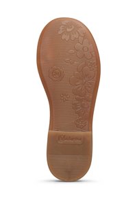 Semelle de chaussure pour enfant avec des motifs floraux, taille numéro 24 en relief, et le nom de la marque "Naturino" sur la zone du talon en matériau en caoutchouc marron.