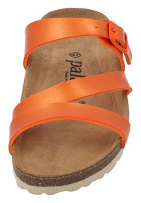 Sandali in pelle arancione con due fasce larghe e una fibbia, dotati di una soletta in suede marrone e una suola di colore chiaro, con texture.