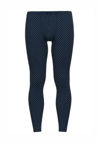 Marineblaue Leggings mit einem Diamantmuster in hellblauen und grünen Farbtönen. Aus dehnbarem Material, enganliegendes Design, glatte Textur.