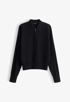 Schwarzer Strickpullover mit hohem Kragen und halblangem Reißverschluss. Mit langen Ärmeln und kurzem Saum. Glatte Textur ohne Muster.