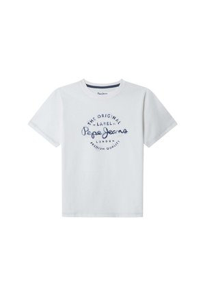T-shirt bianca in cotone con maniche corte e scollo rotondo, con testo stampato blu "Pepe Jeans London" e logo in un design circolare.