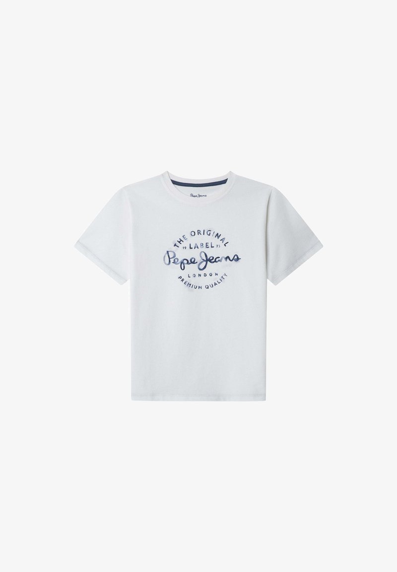 T-shirt en coton blanc à manches courtes, col rond, avec texte imprimé bleu "Pepe Jeans London" et logo dans un design circulaire.