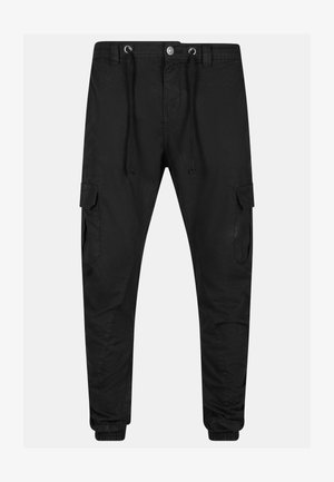 Black cargo pants with elastic cuffs, drawstring waist, and side pockets. Made of durable fabric, featuring a smooth texture and minimalist design.