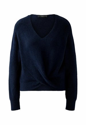 Navy blue knitted sweater with long sleeves, V-neck, and twisted knot detail at the front hem.