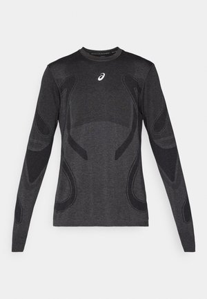 Long-sleeved athletic top in dark gray, featuring textured design accents in a lighter gray. Crew neckline with logo on the chest.