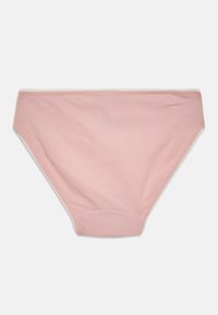 Soft pink women's cotton brief underwear with white elastic trim, laid flat against a white background.