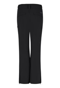 Schwarze Hose mit geradem Bein, Gürtelschlaufen, seitlichen Reißverschlusstaschen und Reißverschlüssen am Knöchel, von hinten gezeigt.