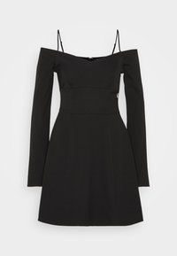 Svart off-shoulder mini-klänning med tunna axelband, långa åtsittande ärmar och en något utsvängd kjol.