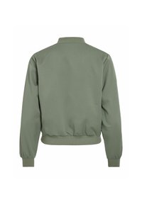 Veste bomber verte vue de dos avec col, poignets et ceinture côtelés, et manches longues.