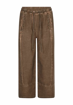 Barna, széles szárú nadrág elasztikus derékrésszel, elöl húzózsinórral, oldalzsebekkel és fém szegecsekkel a zsebek szélén.