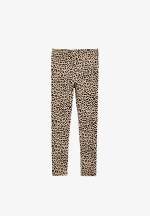 Legginsy w panterkę w odcieniu beżowym z czarnymi plamami. Wykonane z elastycznej tkaniny, z elastyczną talią dla wygody i dopasowania.