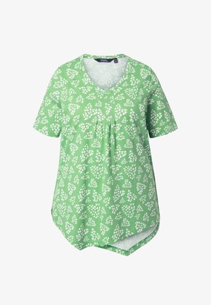 Kurzärmelige Tunika aus grünem Baumwollstoff mit weißem Blattmuster, mit V-Ausschnitt und einem abgerundeten, längeren Rückensaum.